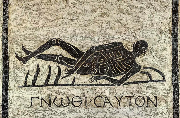 Ancient Greek etching of text in Greek letters, including the phrase ‘Know thyself,’ symbolizing self-awareness, reflection, and personal insight.