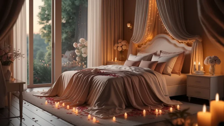 A cozy bedroom with warm ambient lighting, soft blankets, and fluffy pillows, creating a relaxing and inviting atmosphere.